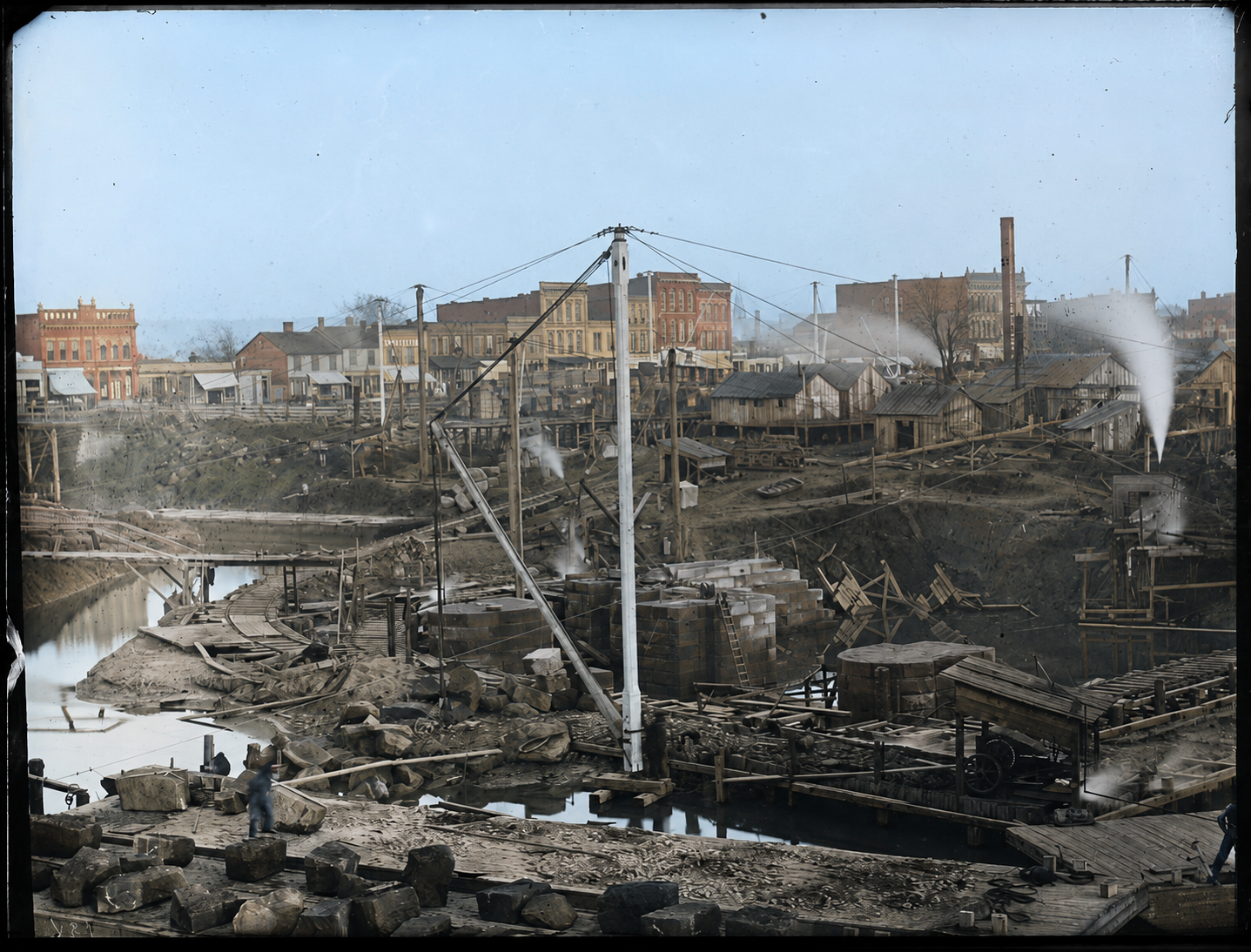 Colorized historic construction and industrial scene